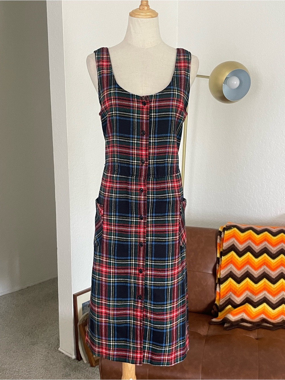 Vintage 1980s Sasson Twee Wool Blend Plaid Buttoned Dress